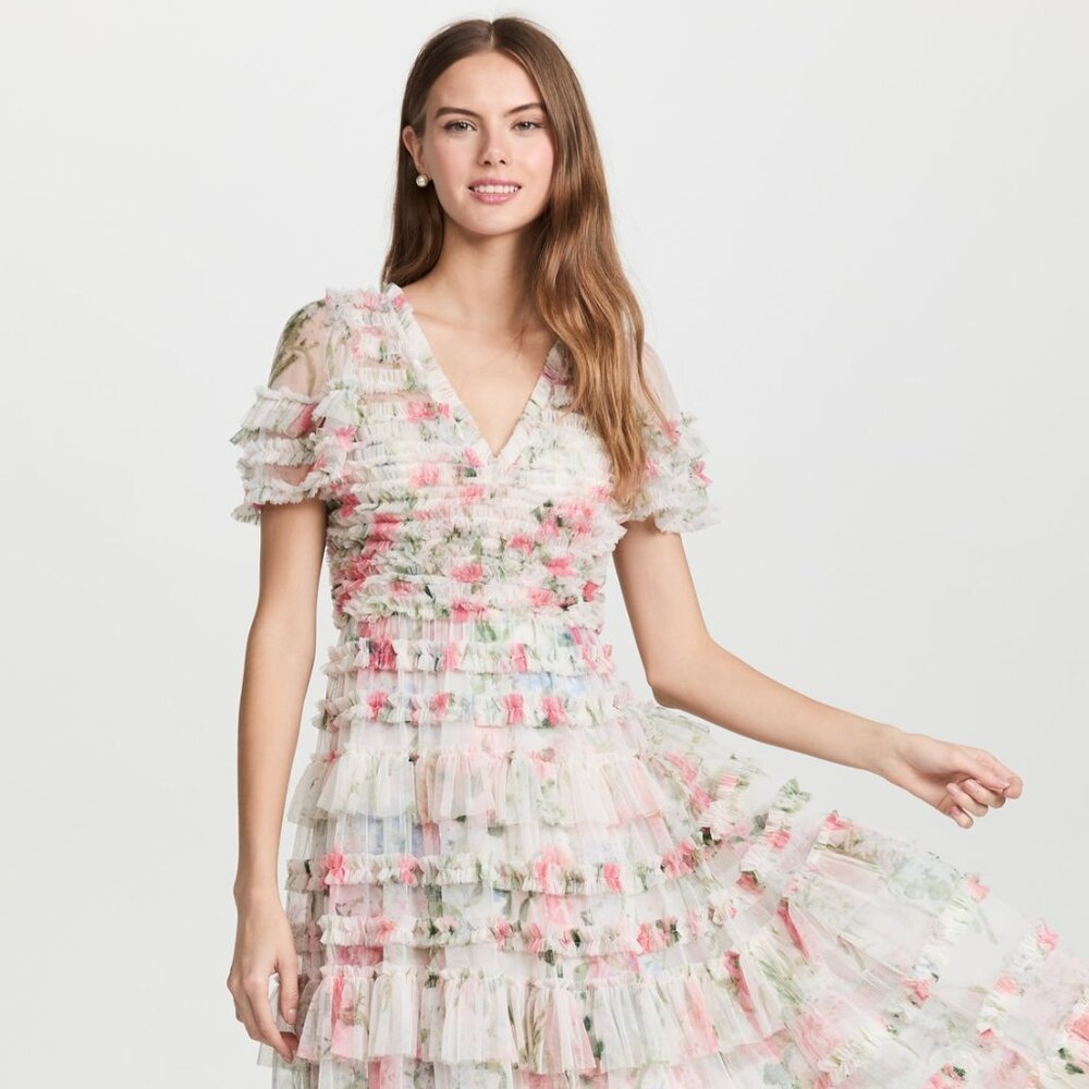 Sweet Posy V Neck Ruffle Gown